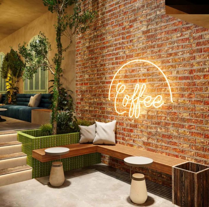 Coffee Half Circular LED neon sign, shown in Warm White on clear acrylic backing