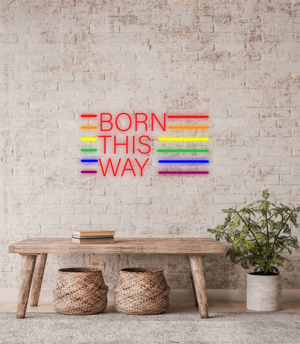 Rainbow flag and Text saying born this way