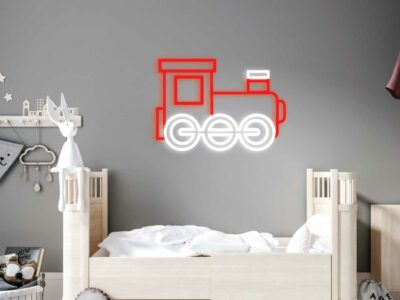 Custom train neon sign with bright LED lighting, perfect for train-themed bedrooms, playrooms, nurseries, man caves, and railway enthusiasts in New Zealand.