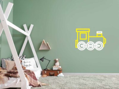 Personalised train neon sign with vibrant LED illumination, creating a unique railway-themed feature for bedrooms, playrooms, events, and train enthusiasts.