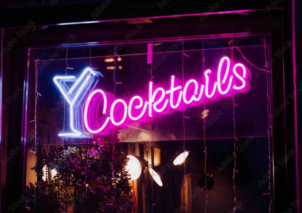 Cocktails LED neon sign, shown in Hot Pink and Violet on clear acrylic backing